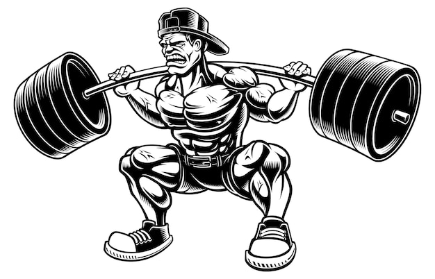 Vecteur illustration de bodybuilder faisant des squats avec haltères, sur fond blanc.