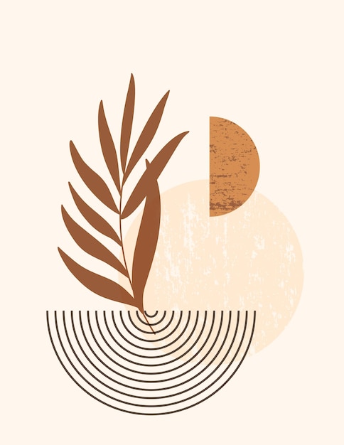 Illustration Boho Abstraite Avec Des Formes Abstraites Et Des Feuilles Dans Un Style Minimaliste à La Mode. Fond Contemporain De Vecteur Dans Des Couleurs Neutres Pour Les Affiches D'art Mural, L'impression De T-shirts, La Couverture, Les Histoires De Médias Sociaux