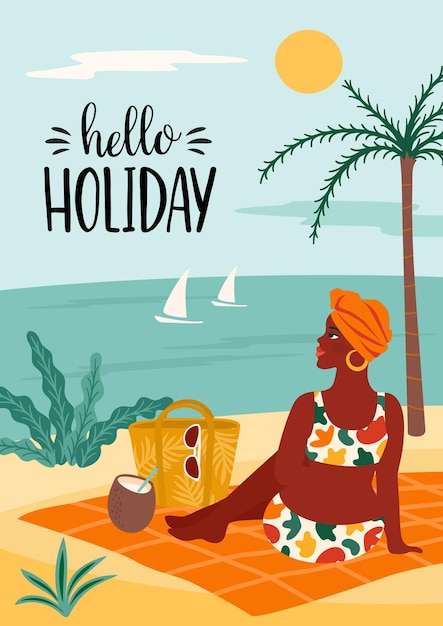 Illustration De Bonjour Vacances Avec Femme En Maillot De Bain Sur La Plage Tropicale.