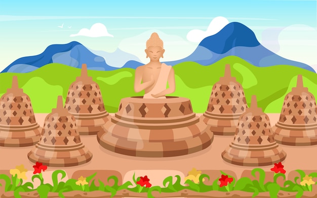 Illustration De Bouddha. Sculpture Religieuse. Lieu De Culte En Montagne. Pose De Méditation. Religion Indonésienne. Bouddhisme. Fond De Dessin Animé De Borobudur