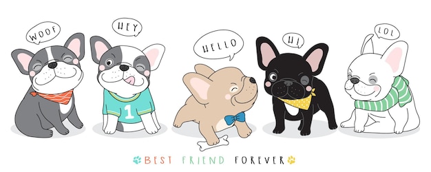 Illustration de bouledogue français mignon doodle