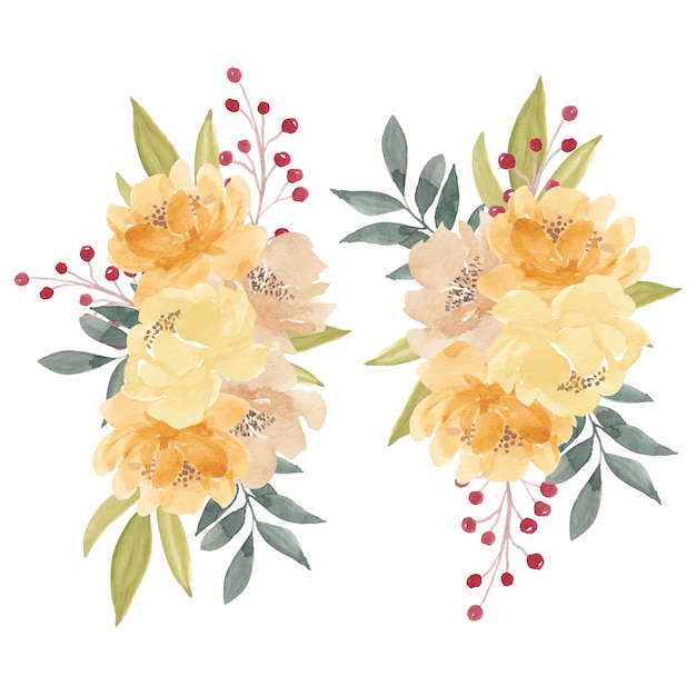 Illustration de bouquet de fleurs de pivoine jaune à l'aquarelle