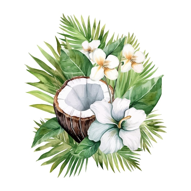 Illustration De Bouquet De Noix De Coco Tropicale Et De Feuilles De Forêt Tropicale Dessinée à La Main à L'aquarelle