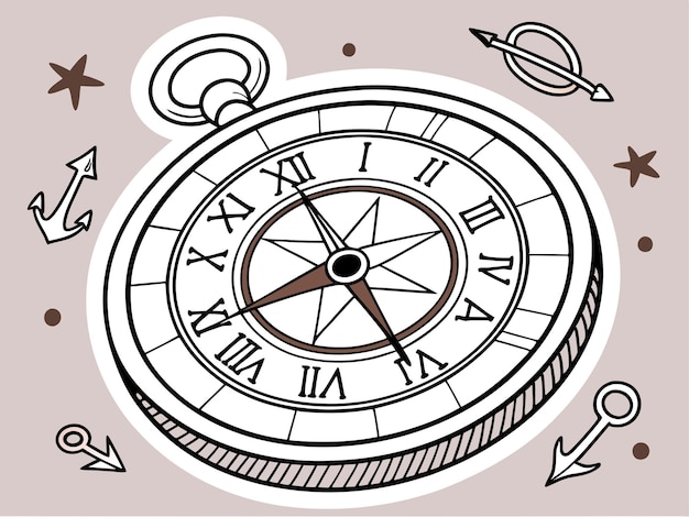 Illustration de la boussole vintage Art de la ligne nautique Brun et blanc