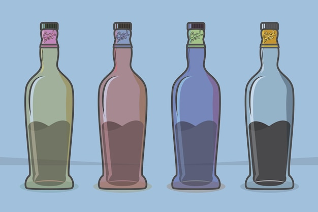 Illustration d'une bouteille de boisson en verre avec différentes variantes de couleurs sur fond bleu