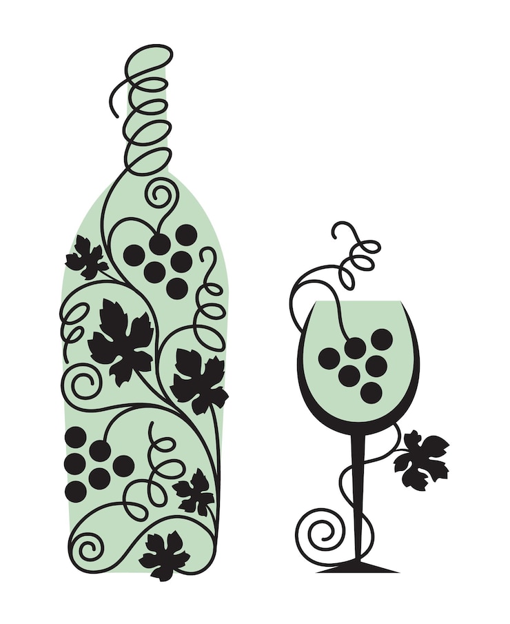 Vecteur illustration de la bouteille, du verre et des raisins