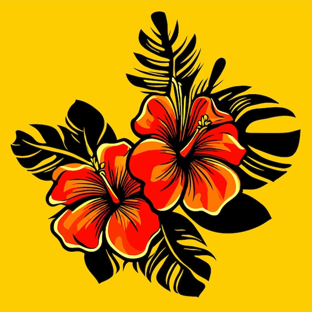 Vecteur illustration d'une branche de style réaliste d'un palmier tropical avec des fleurs d'hibiscus