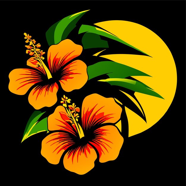 Illustration D'une Branche De Style Réaliste D'un Palmier Tropical Avec Des Fleurs D'hibiscus