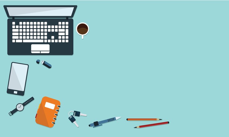Vecteur illustration de bureau et de papeterie en vue de dessus de style plat. espace libre pour le texte