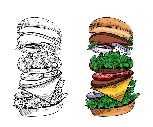 Illustration De Burger Dessiné à La Main Noir Et Couleur