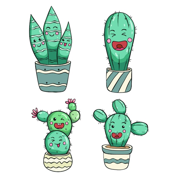 Illustration De Cactus Heureux Avec Kawaii Face En Utilisant Le Style De Griffonnage Coloré