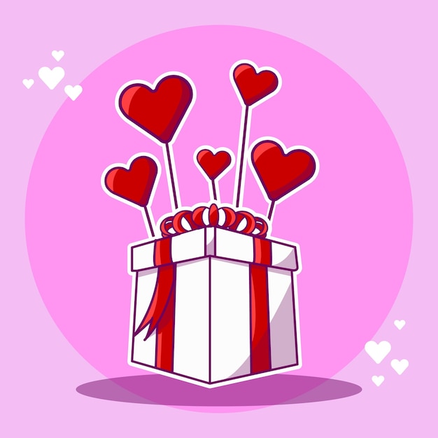 illustration d'un cadeau blanc avec des rubans rouges élevés par des ballons en forme de coeur pour la saint valentin