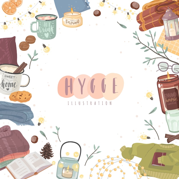 Illustration de cadre confortable Hygge. thème du confort dans un style cartoon