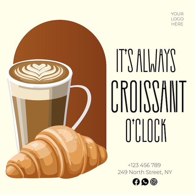 Illustration de café et de croissant avec texte Il est toujours croissant OClock conception promotionnelle