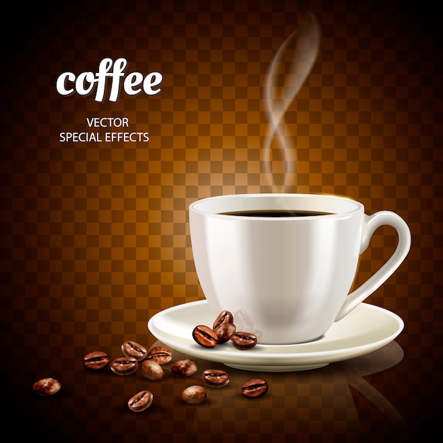 Vecteur illustration de café avec une tasse de café remplie et quelques grains de café, illustration