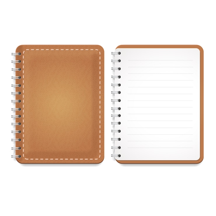 Vecteur illustration d'un cahier en cuir avec spirale, bloc-notes et papier ligné vierge