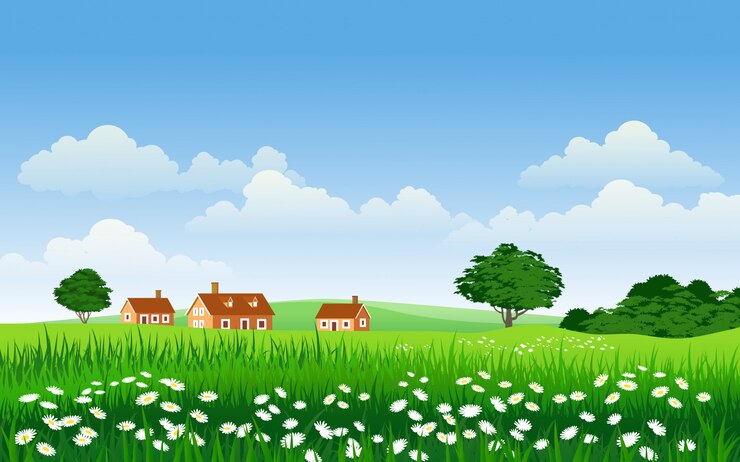Vecteur illustration de campagne avec maisons et fleurs