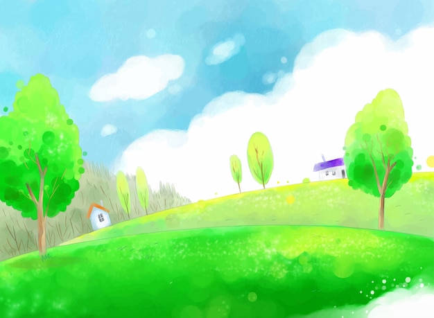 Illustration de campagne de printemps avec ciel bleu et champs verts.