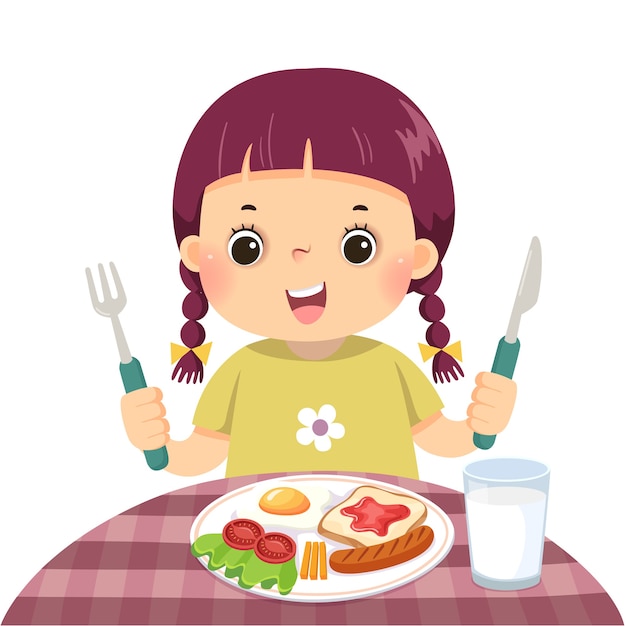 Illustration Caricature D'une Petite Fille Mangeant Le Petit Déjeuner.