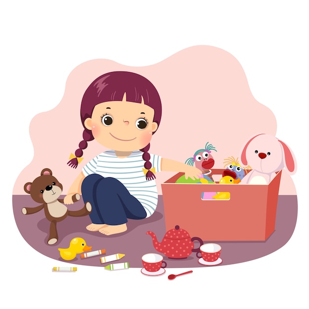 Vecteur illustration caricature d'une petite fille mettant ses jouets dans la boîte. enfants faisant des tâches ménagères au concept de la maison.