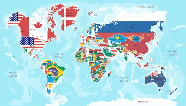 Vecteur illustration - carte du monde avec des drapeaux de tous les pays.