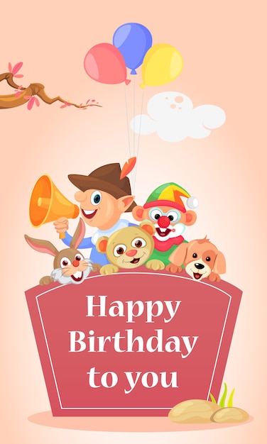 Vecteur illustration de carte joyeux anniversaire pour les enfants avec des personnages mignons