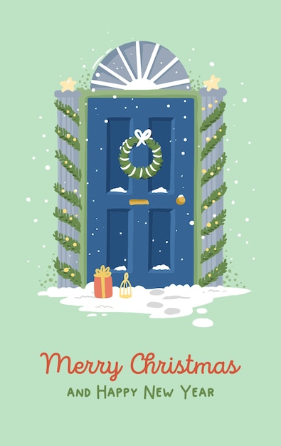 Illustration Carte De Noël Porte D'entrée Du Nouvel An Avec Décor