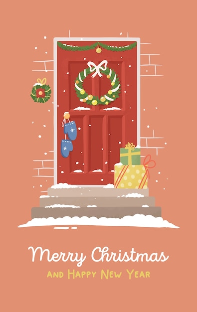 Vecteur illustration carte de noël porte rouge avec décor de nouvel an