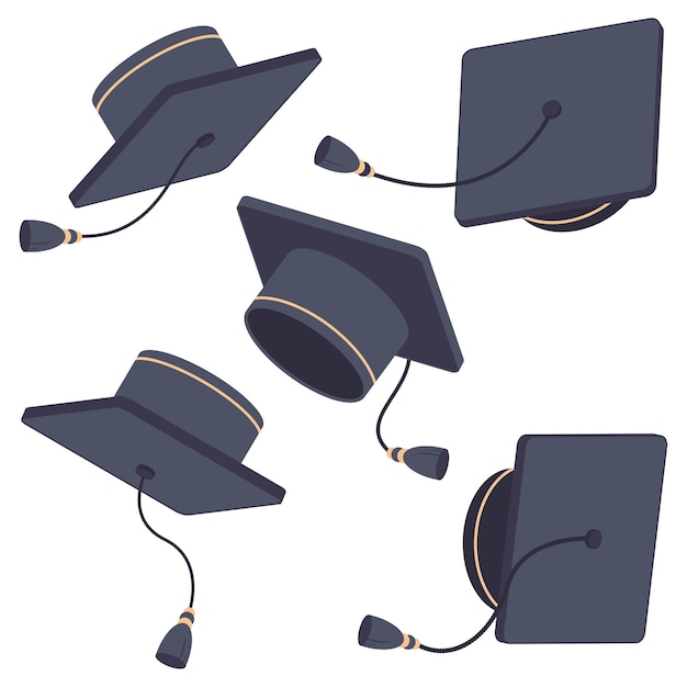 Vecteur illustration de chapeau de diplômé. chapeau en l'air dans différentes positions vector set plat de dessin animé isolé.