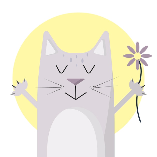 Vecteur illustration d'un chat avec une fleur chat gris chat mignon