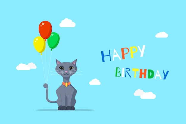 illustration de chat mignon avec des ballons colorés. Carte de voeux joyeux anniversaire