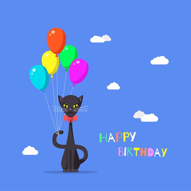 Vecteur illustration de chat mignon avec des ballons colorés. carte de voeux joyeux anniversaire