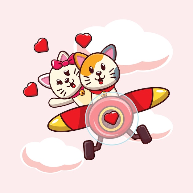 Vecteur illustration de chat mignon tombant amoureux volant avec avion