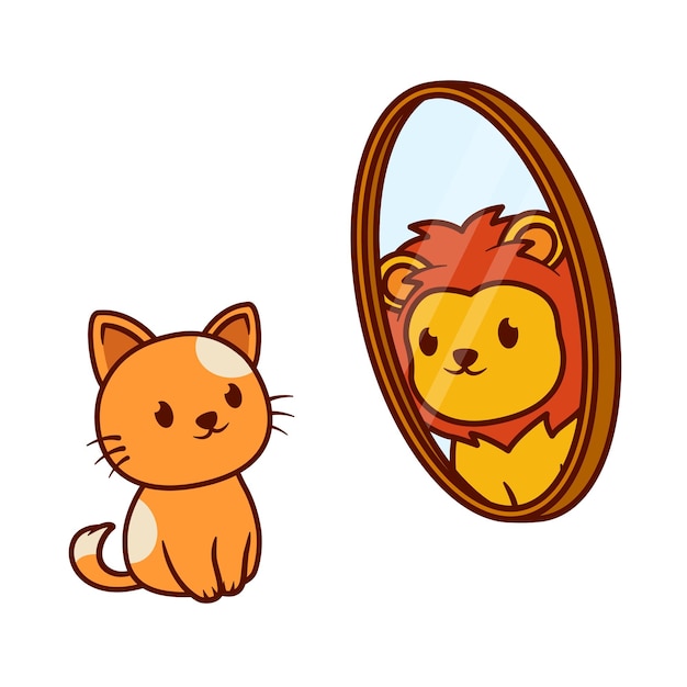 Vecteur illustration d'un chat regardant dans le miroir avec l'ombre d'un lion