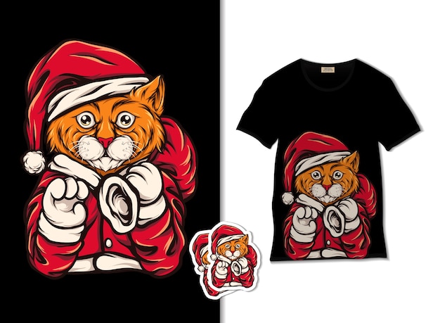 Illustration De Chat Santa Avec Un Design De T-shirt, Dessiné à La Main