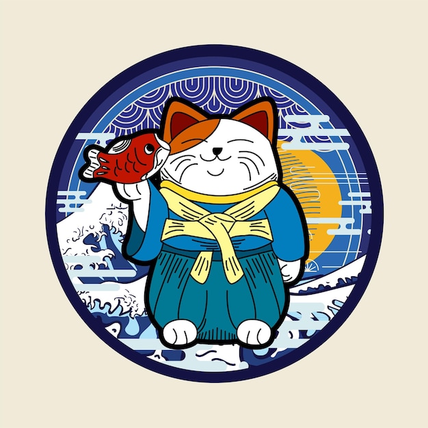 Illustration De Chat Avec Un Style Japonais Pour L'événement Kaijune, Carnet, Logo