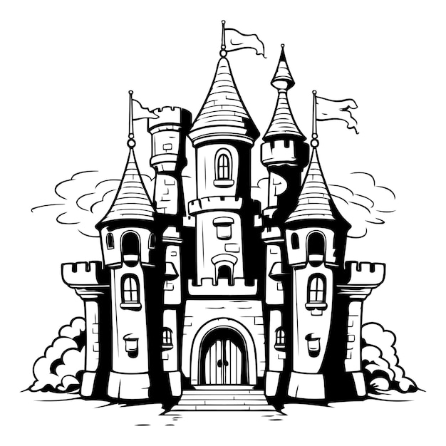 Illustration de château ou de château de conte de fées pour livre à colorier