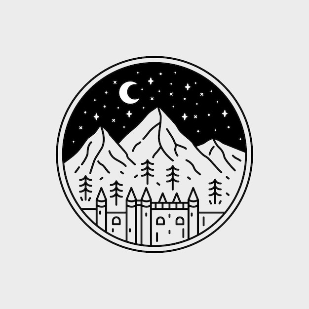 Illustration D'un Château Dans Les Montagnes La Nuit En Dessin Au Trait Mono Badge Design Emblème Design Tshirt Design