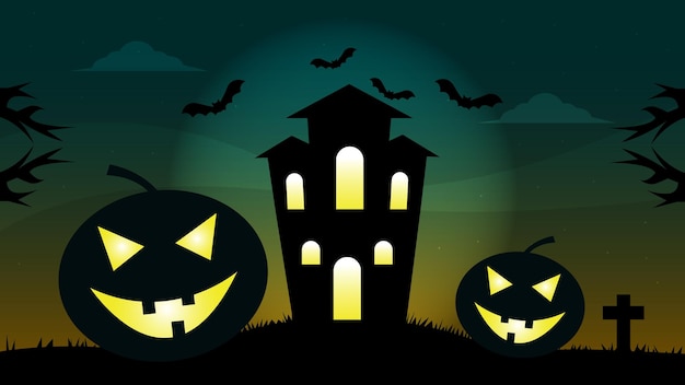 Illustration De Château D'halloween Avec Design De Fond De Vecteur De Citrouilles