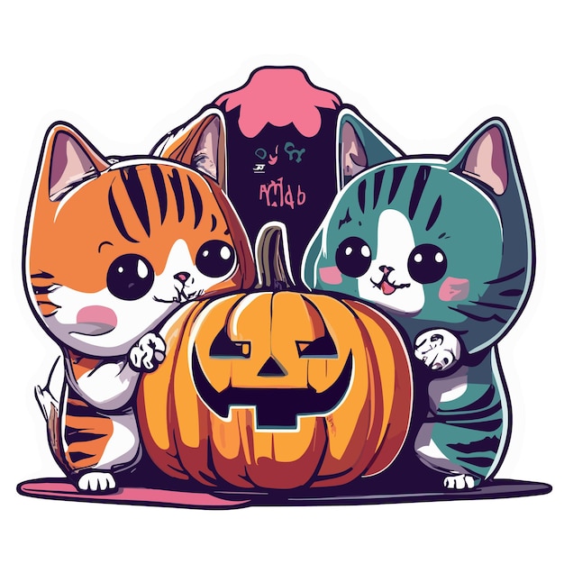 Illustration Chatons Kawaii Jouant Avec Une Petite Citrouille Halloween Vue Latérale Autocollant