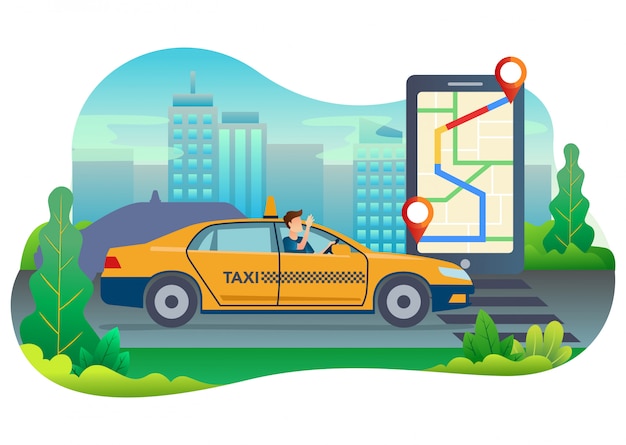 Illustration D'un Chauffeur De Taxi à La Recherche D'un Emplacement De Son Client