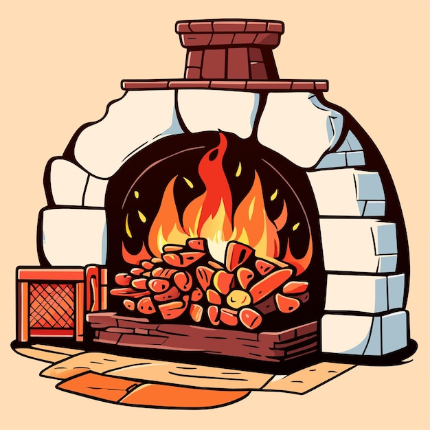Vecteur illustration de cheminée de dessin animé dessinée à la main ou cheminée en briques rouges avec un feu brûlant