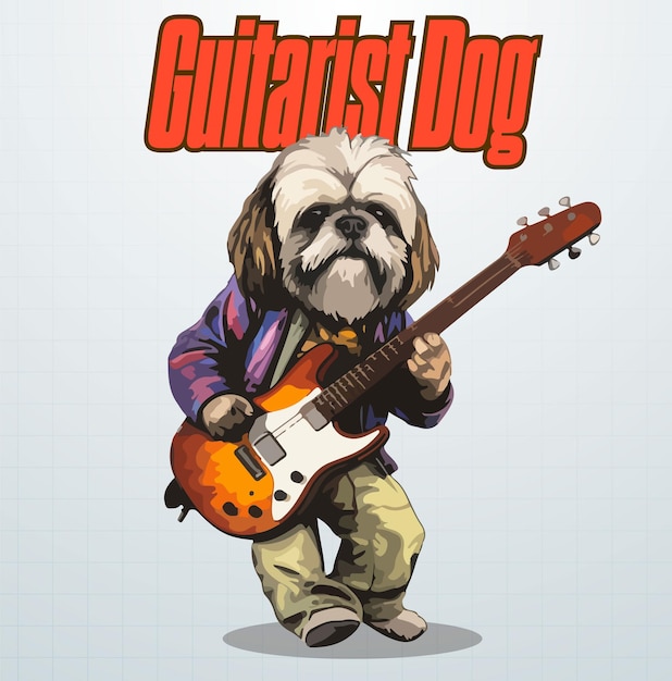 illustration de chien guitariste cartoon dessiné à la main de vecteur