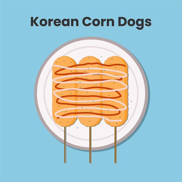 Illustration de chien de maïs coréen, fromage et croustillant avec mozzarella et sauce chili. Nourriture à thème.