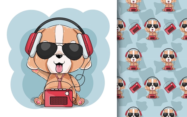 Illustration D & # 39; Un Chiot Mignon Avec Casque Et Radio.