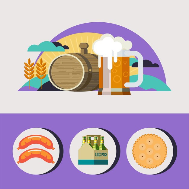 Illustration d'une chope de bière, d'un tonneau et d'un paysage agricole