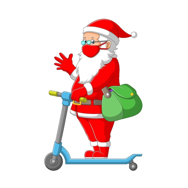 L'illustration De La Clause Du Père Noël En Utilisant Le Costume Rouge Et Tenant Le Sac Vert Avec Le Scooter