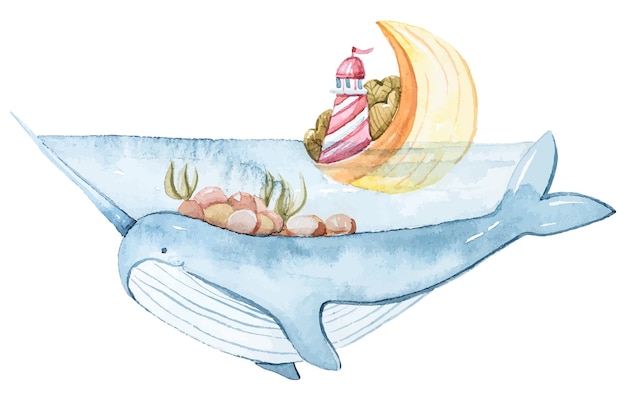 Illustration de clipart de baleine de pépinière mignonne peinte à la main aquarelle isolée sur fond transparent