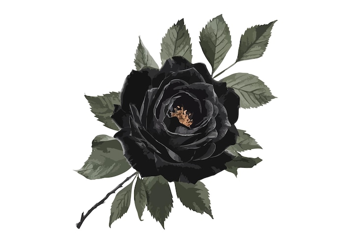 Vecteur illustration de clipart de fleur noire à l'aquarelle et branche florale de rose avec des feuilles de guêpe verte