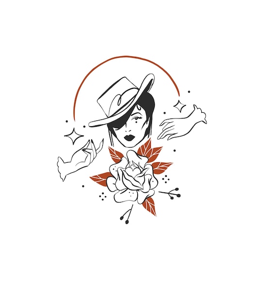 Illustration De Clipart Graphique Vectoriel Abstrait Dessiné à La Main Boho Cowgirl Au Chapeau Portraitconcept De Design Féminin Occidentalart Contemporain Du Far West Bohèmecowboy Fille Dessin Modernelogo De Cowgirl Américain